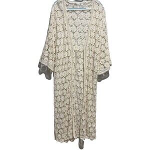 Altar’d State Macrame Crochet Gypsy Boho Midi Kimono Duster‎ Cream Medium Large
